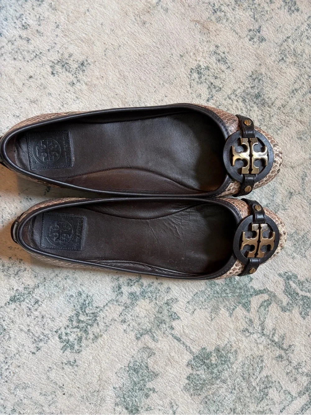 Tory Burch Brown Snakeskin-Print Leather Logo Ballet Flats